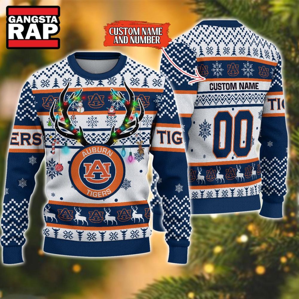 NCAA Auburn Tigers Design Logo Team Reindeer Light Ugly Christmas Sweater NCAA Auburn Tigers Design Logo Team Reindeer Light Ugly Christmas Sweater