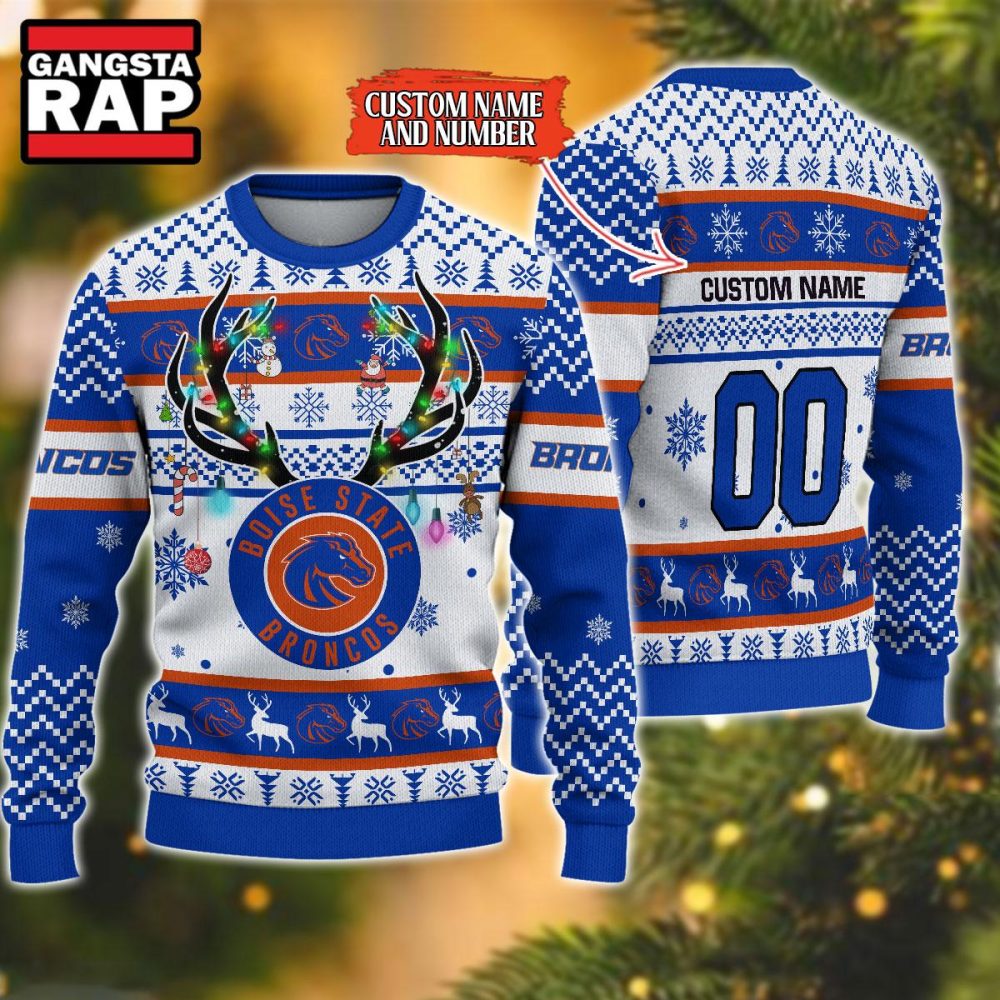 NCAA Boise State Broncos Design Logo Team Reindeer Light Ugly Christmas Sweater NCAA Boise State Broncos Design Logo Team Reindeer Light Ugly Christmas Sweater