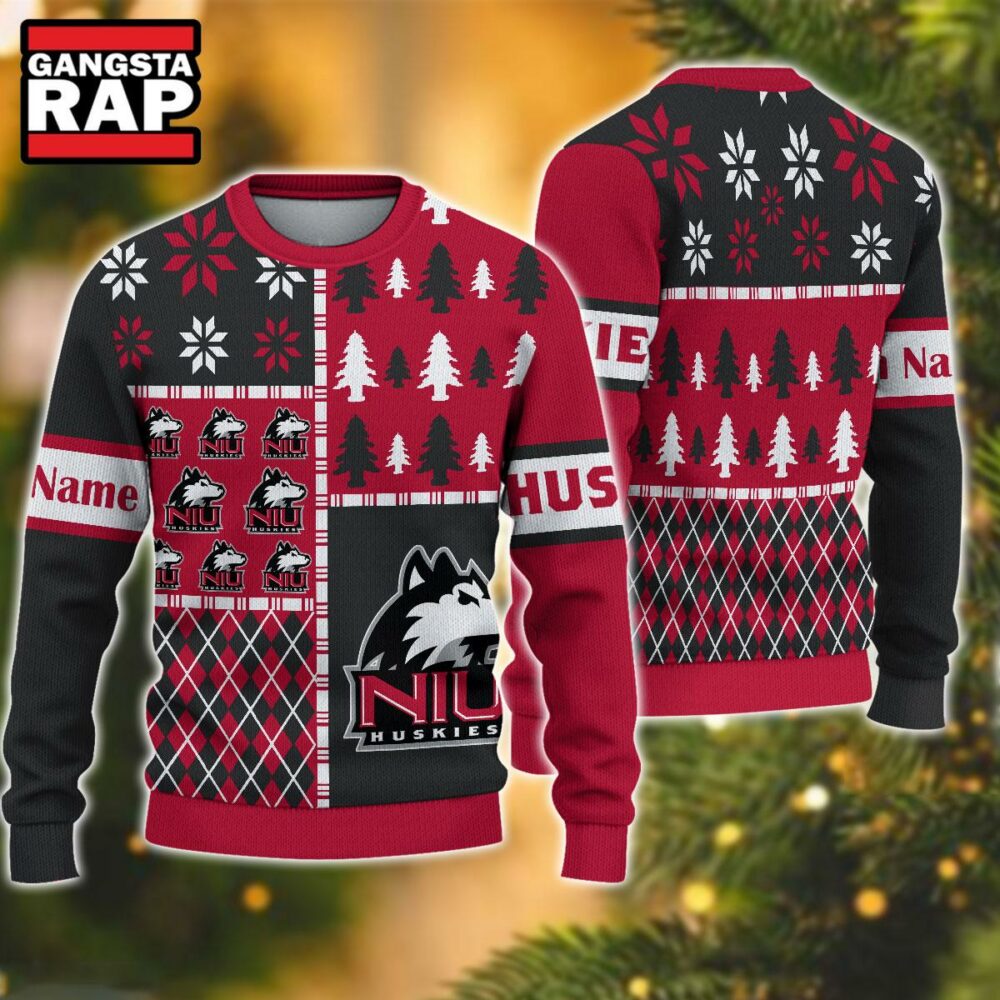NCAA Northern Illinois Huskies Football Team Xmas Tree Snow Custom Name Ugly Christmas Sweater NCAA Northern Illinois Huskies Football Team Xmas Tree Snow Custom Name Ugly Christmas Sweater