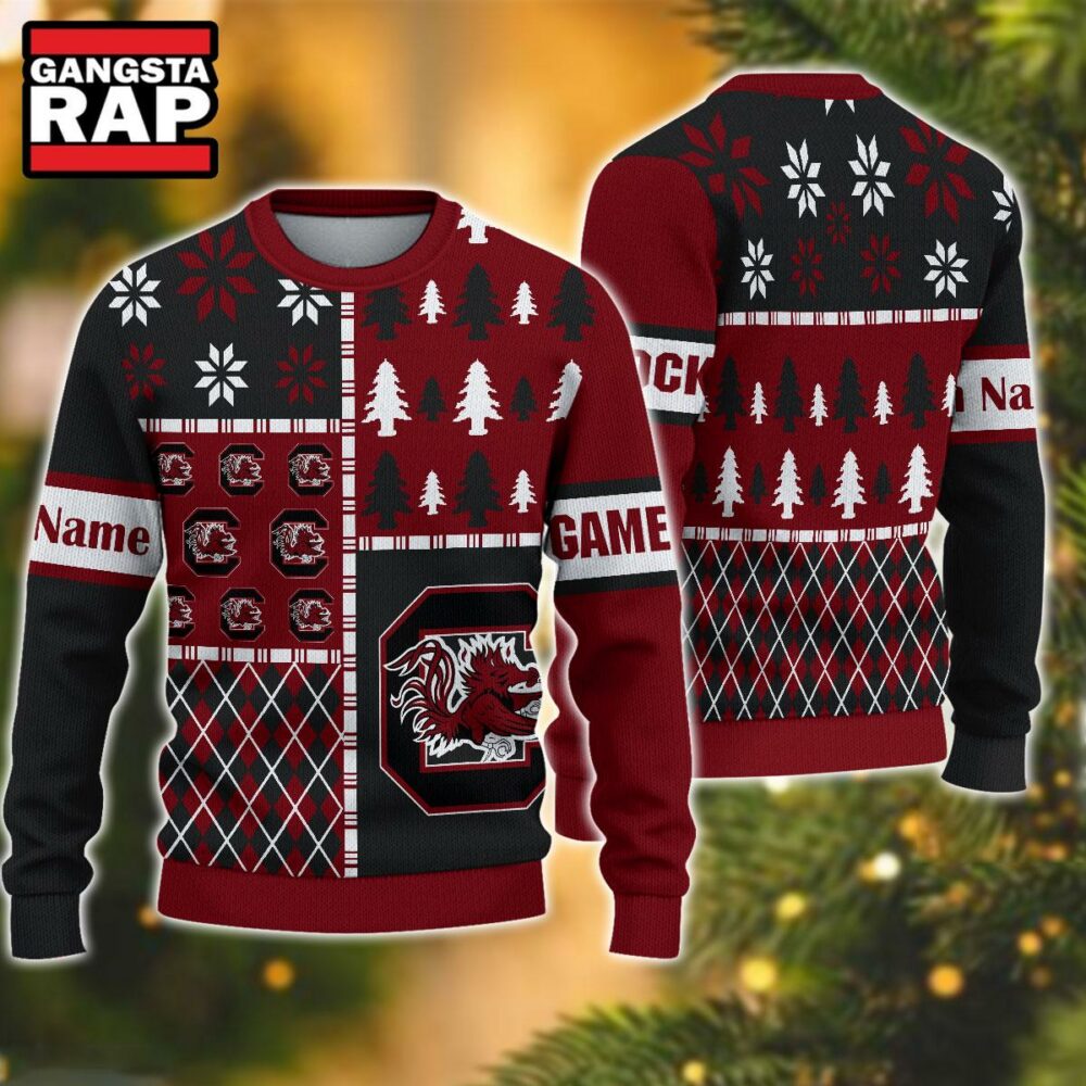 NCAA South Carolina Gamecocks Football Team Xmas Tree Snow Custom Name Ugly Christmas Sweater NCAA South Carolina Gamecocks Football Team Xmas Tree Snow Custom Name Ugly Christmas Sweater