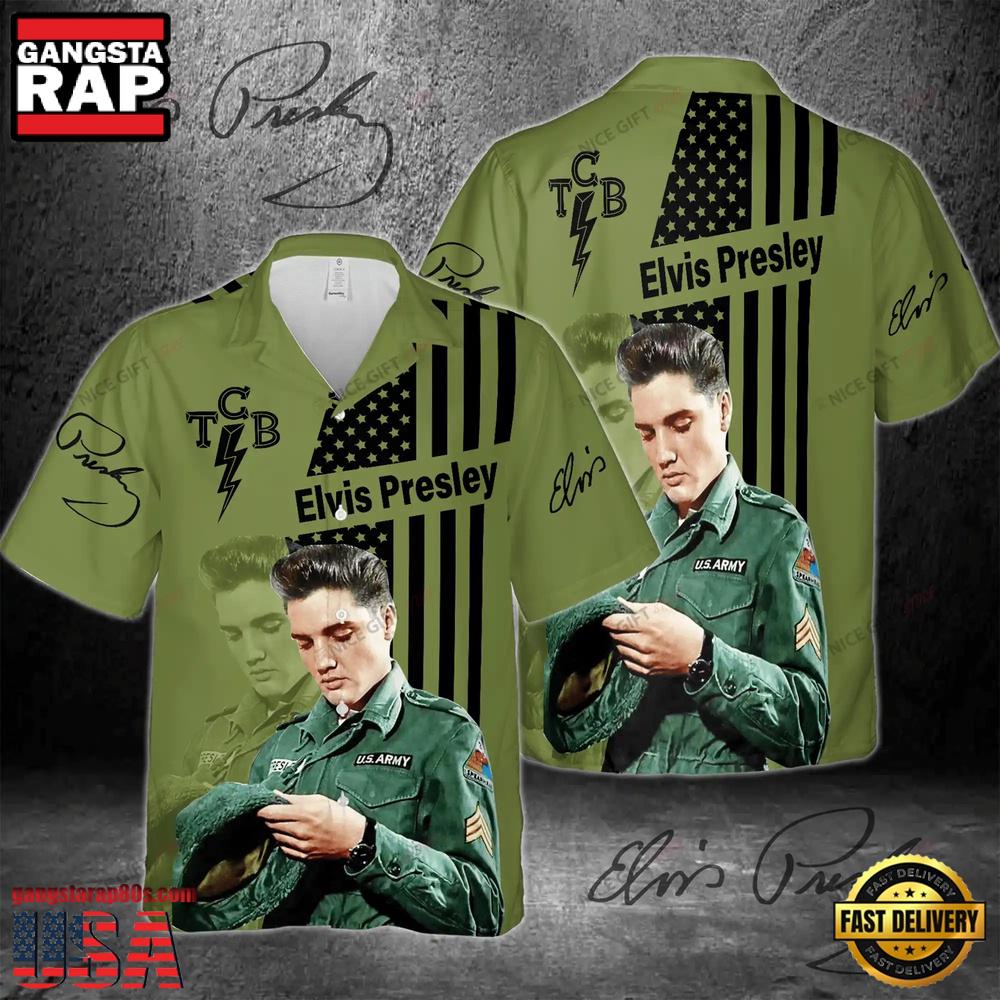 Elvis Presley Taking Care of Business Army Green Unisex Hawaiian Shirt Elvis Presley Taking Care of Business Army Green Unisex Hawaiian Shirt