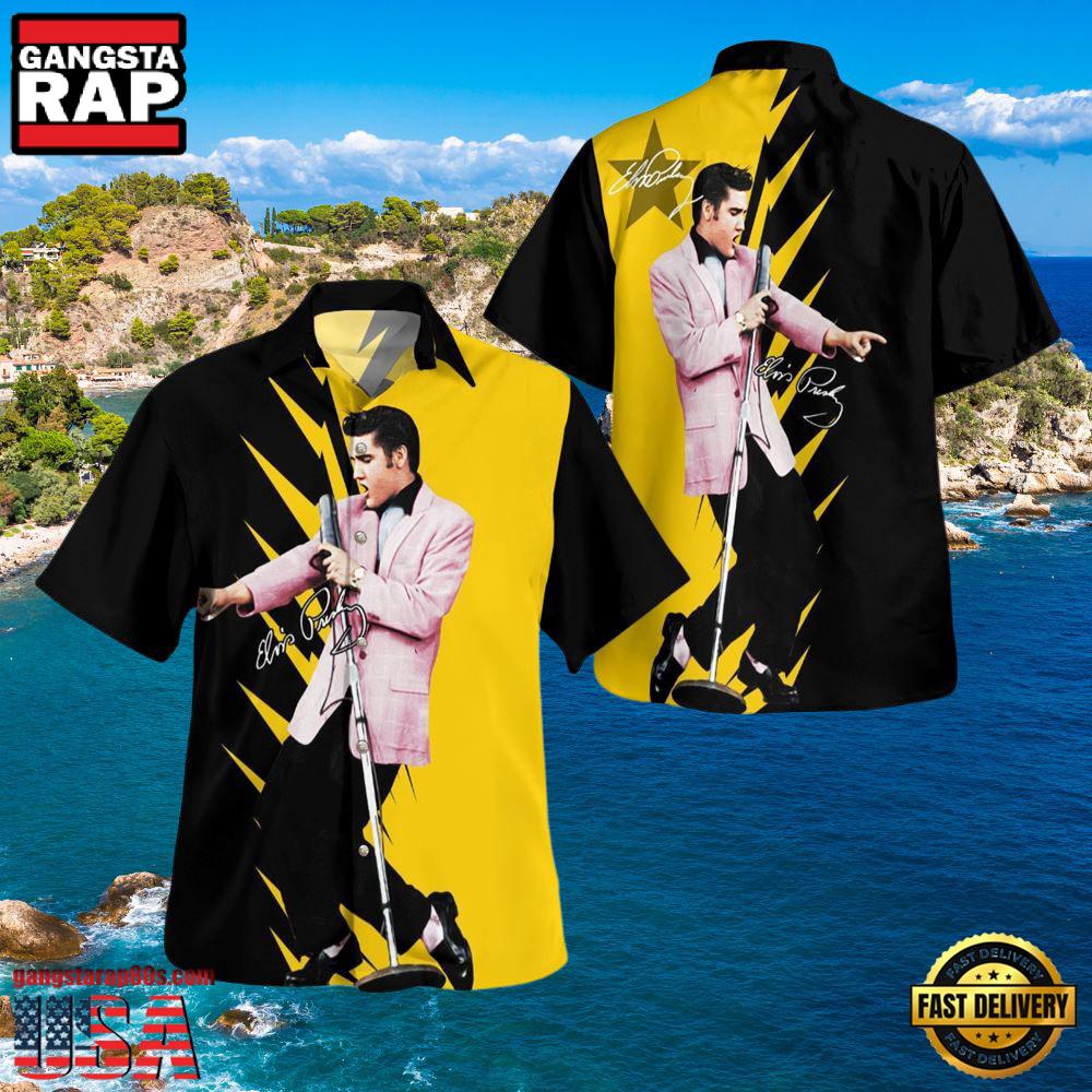 Elvis Presley Yellow And Black Color Unisex Hawaiian Shirt Elvis Presley Yellow And Black Color Unisex Hawaiian Shirt