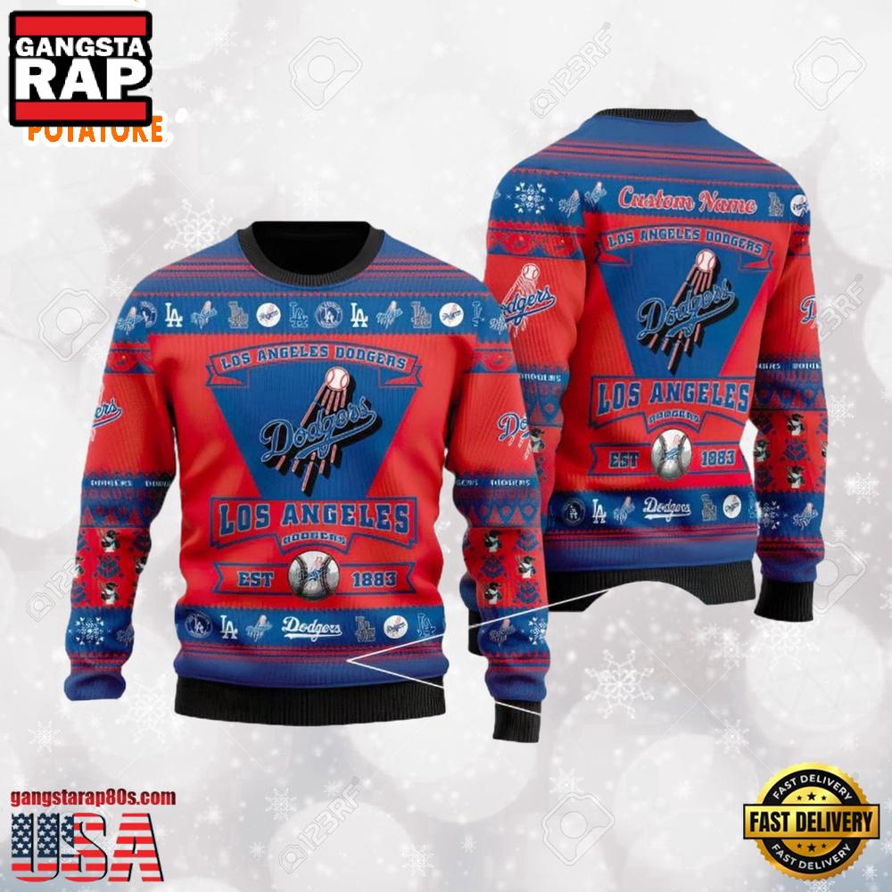 Los Angeles Dodgers Logo Custom Name For Football Fans MLB Ugly Christmas Sweater Los Angeles Dodgers Logo Custom Name For Football Fans MLB Ugly Christmas Sweater
