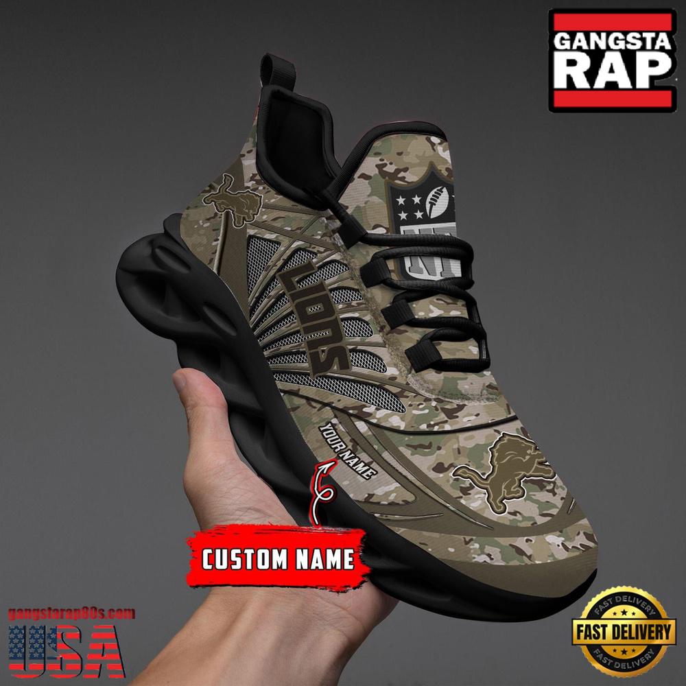 NFL Custom Name Detroit Lions Camo Veteran Day Max Soul Shoes Running Sneakers NFL Custom Name Detroit Lions Camo Veteran Day Max Soul Shoes Running Sneakers