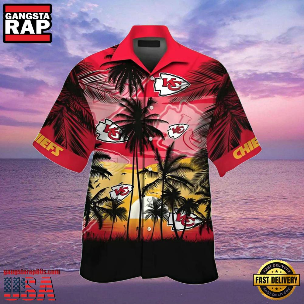 NFL KC Chiefs Hawaiian Shirt Mens Tropical Palm Tree Sunset NFL KC Chiefs Hawaiian Shirt Mens Tropical Palm Tree Sunset