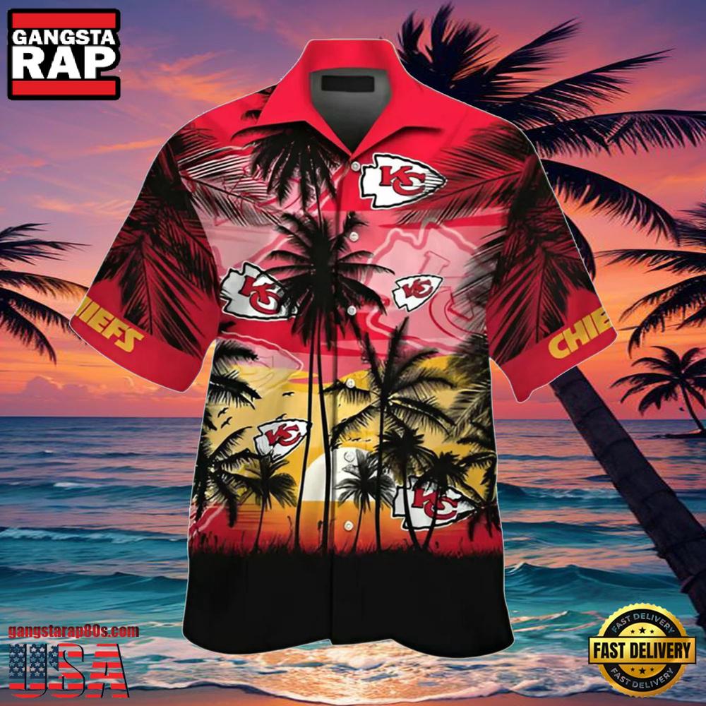 NFL KC Chiefs Hawaiian Shirt Mens Tropical Palm Tree Sunset NFL KC Chiefs Hawaiian Shirt Mens Tropical Palm Tree Sunset