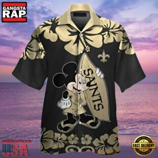 NFL Saints Hawaiian Shirt Mickey Mouse and Hibiscus Print