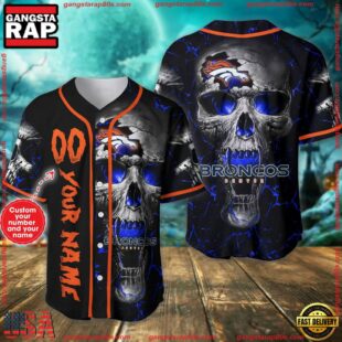 Custom Name And Number Denver Broncos NFL Team Skull Baseball Jersey Shirt