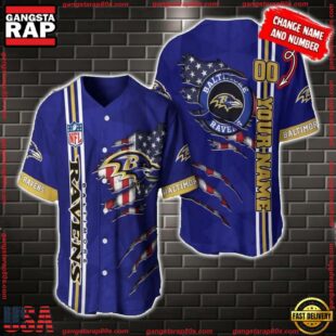Custom Name And Number NFL Baltimore Ravens America Flag Baseball Jersey Shirt Gift For Fans