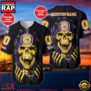 Custom Name And Number NFL Team Minnesota Vikings Skull Pattern Baseball Jersey Shirt