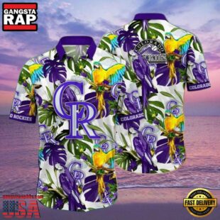 MLB Colorado Rockies Regal Purple Parrot And Palm Hawaiian Shirt