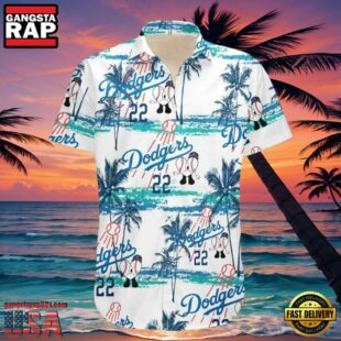 MLB LA Dodgers Classic Stripe And Palms Aloha Shirt Pristine Beach Vibe