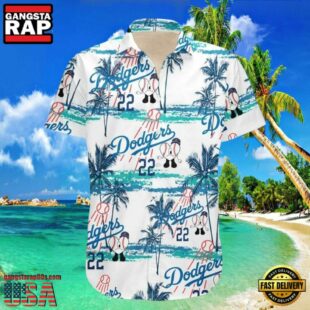 MLB LA Dodgers Classic Stripe And Palms Aloha Shirt Pristine Beach Vibe