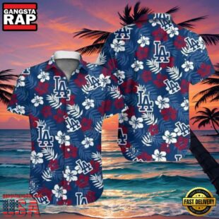 MLB LA Dodgers Floral Emblem Aloha Shirt Classic Red And Blue