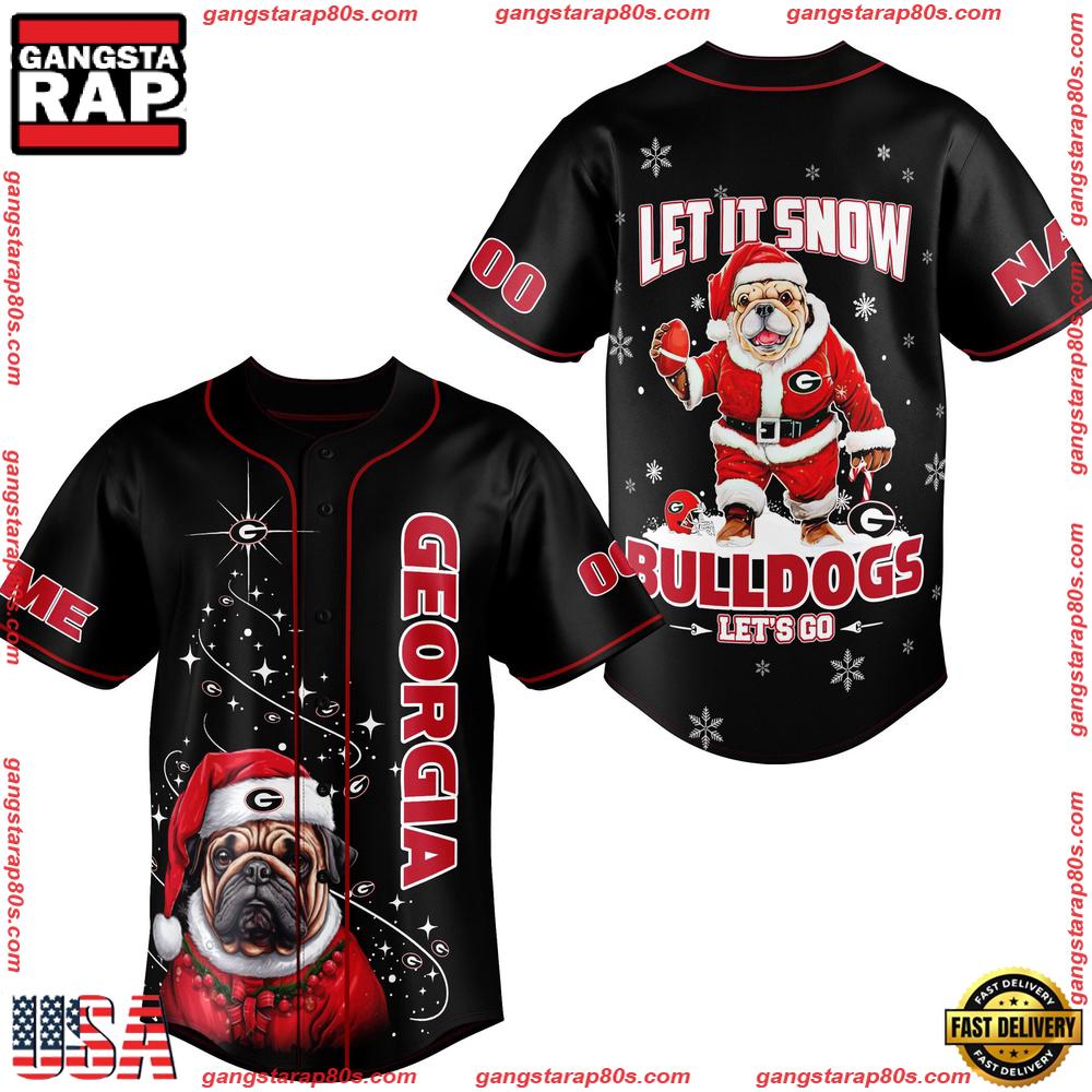 NCAA Custom Name Georgia Bulldogs Let It Snow Mascot Christmas New Design Baseball Jersey NCAA Custom Name Georgia Bulldogs Let It Snow Mascot Christmas New Design Baseball Jersey