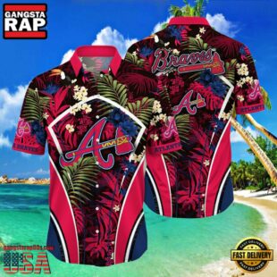 MLB Atlanta Braves Flower Tropical Aloha Hawaiian Button Down Shirt