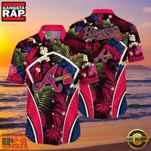 MLB Atlanta Braves Flower Tropical Aloha Hawaiian Button Down Shirt