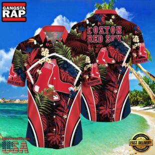MLB Boston Red Sox Flower Tropical Aloha Hawaiian Button Down Shirt