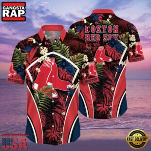 MLB Boston Red Sox Flower Tropical Aloha Hawaiian Button Down Shirt