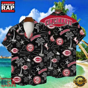 MLB Cincinnati Reds Tropical Palms Black Aloha Hawaiian Shirt