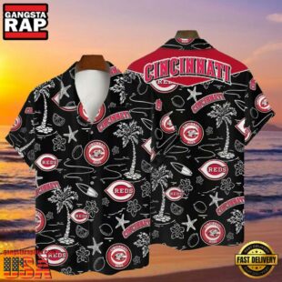 MLB Cincinnati Reds Tropical Palms Black Aloha Hawaiian Shirt
