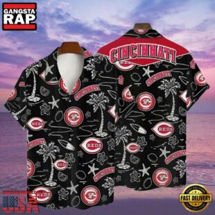 MLB Cincinnati Reds Tropical Palms Black Aloha Hawaiian Shirt