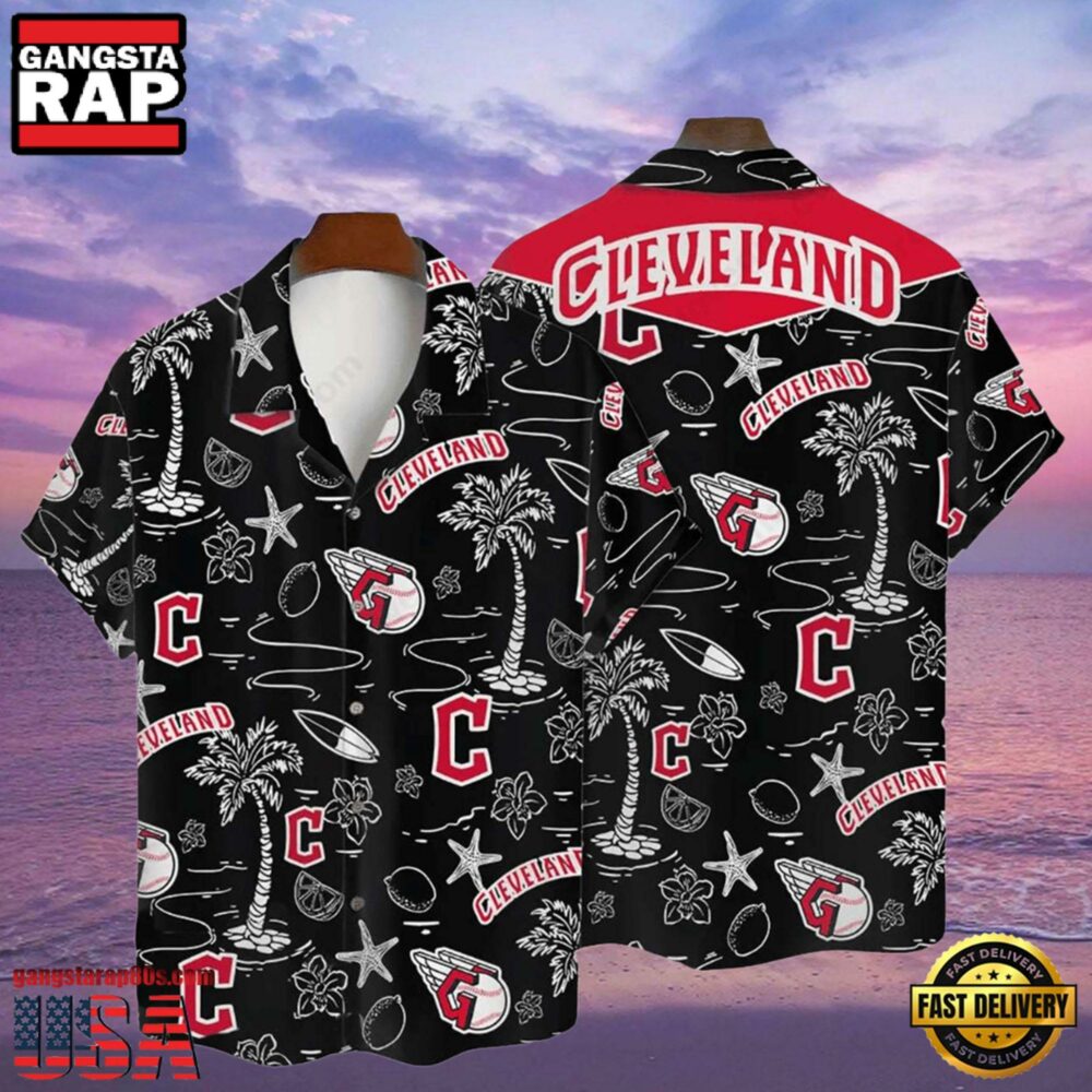 MLB Cleveland Guardians Tropical Palms Black Hot Summer Hawaiian Shirt MLB Cleveland Guardians Tropical Palms Black Hot Summer Hawaiian Shirt