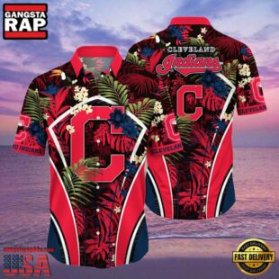 MLB Cleveland Indians Flower Tropical Hot Summer Hawaiian Button Down Shirt