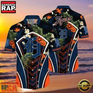 MLB Detroit Tigers Flower Tropical Hot Summer Hawaiian Button Down Shirt