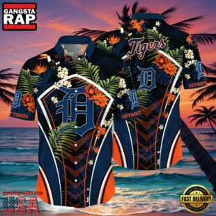 MLB Detroit Tigers Flower Tropical Hot Summer Hawaiian Button Down Shirt