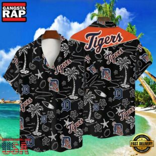 MLB Detroit Tigers Tropical Palms Black Hot Summer Hawaiian Shirt