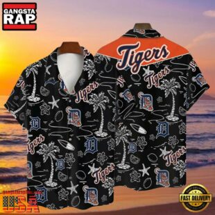 MLB Detroit Tigers Tropical Palms Black Hot Summer Hawaiian Shirt