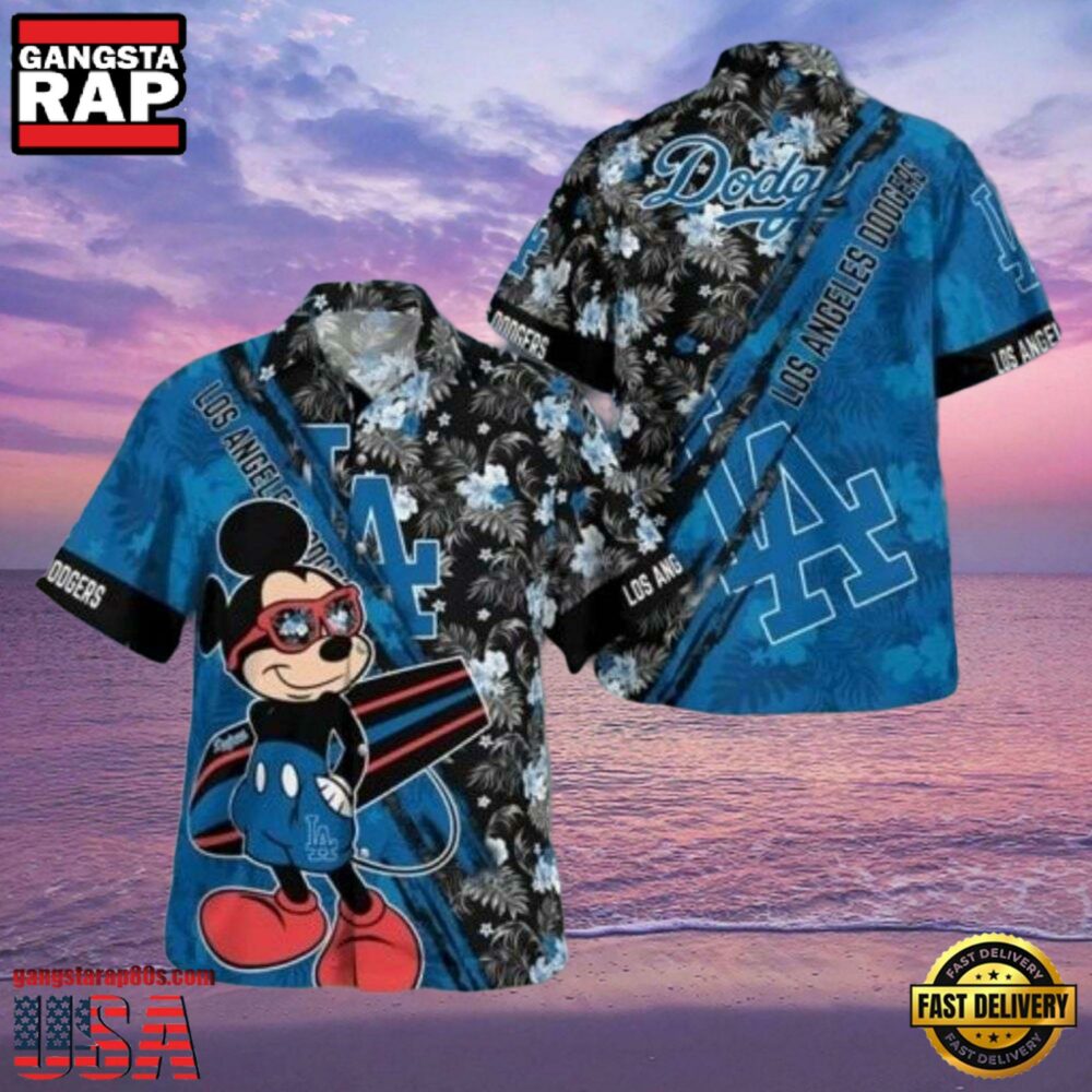 MLB LA Dodgers With Mickey Mouse And Tropical Flowers Aloha Hawaiian Shirt MLB LA Dodgers With Mickey Mouse And Tropical Flowers Aloha Hawaiian Shirt