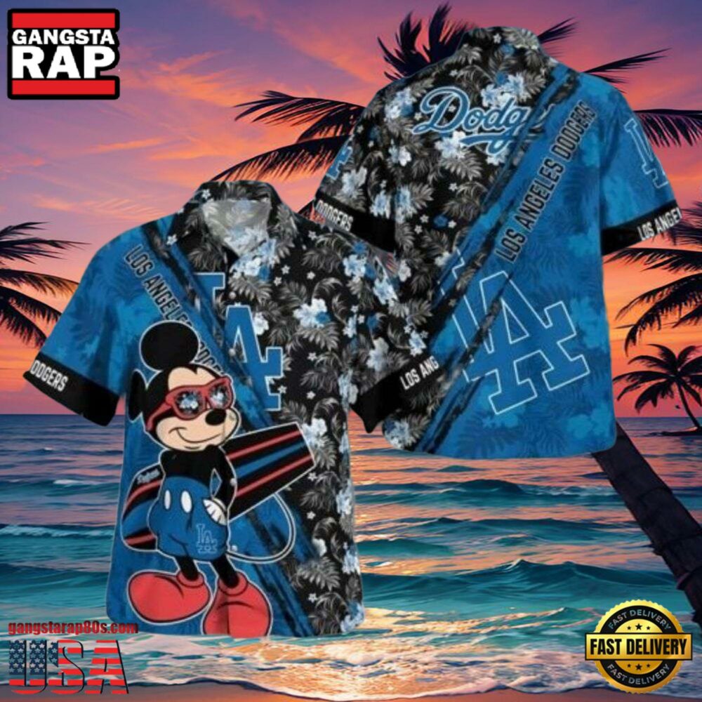MLB LA Dodgers With Mickey Mouse And Tropical Flowers Aloha Hawaiian Shirt MLB LA Dodgers With Mickey Mouse And Tropical Flowers Aloha Hawaiian Shirt