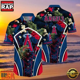 MLB Los Angeles Angels Flower Tropical Hot Summer Hawaiian Button Down Shirt