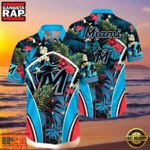 MLB Miami Marlins Flower Tropical Hot Summer Hawaiian Button Down Shirt