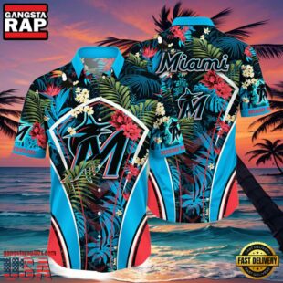 MLB Miami Marlins Flower Tropical Hot Summer Hawaiian Button Down Shirt