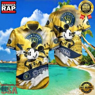 MLB Milwaukee Brewers Tropical Aloha Hawaiian Shirt Featuring Mickey Surfing.jpg 1Group