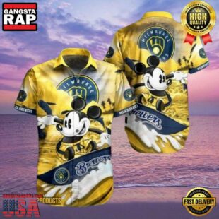 MLB Milwaukee Brewers Tropical Aloha Hawaiian Shirt Featuring Mickey Surfing.jpg 1Group