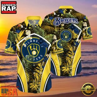 MLB Milwaukee Brewers Tropical Palms Black Hot Summer Hawaiian Shirt