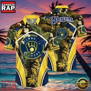 MLB Milwaukee Brewers Tropical Palms Black Hot Summer Hawaiian Shirt