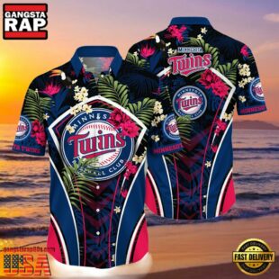 MLB Minnesota Twins Tropical Palms Black Hot Summer Hawaiian Shirt