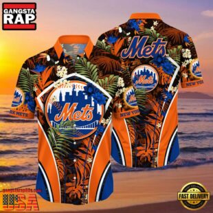 MLB New York Mets Hibiscus Tropical Flowers Stripe Hot Summer Hawaiian Shirt