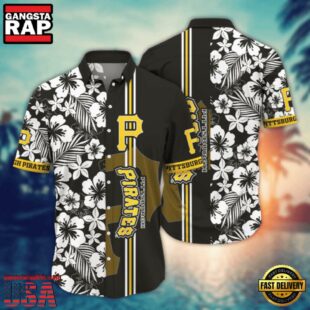 MLB Pittsburgh Pirates Tropical Hibiscus Stripe Hawaiian Shirt