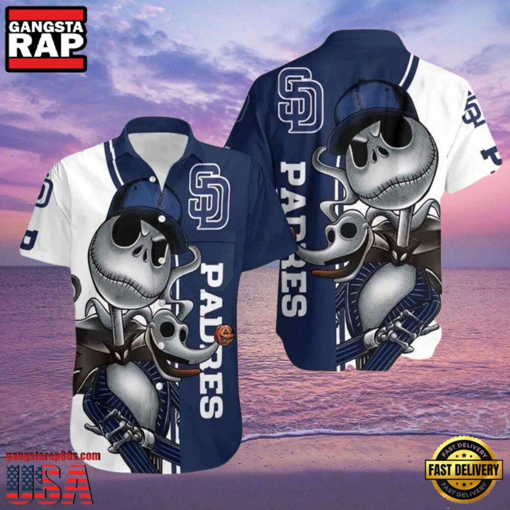 MLB San Diego Padres Aloha Hawaiian Shirt With Jack Skellington And Zero Graphic MLB San Diego Padres Aloha Hawaiian Shirt With Jack Skellington And Zero Graphic