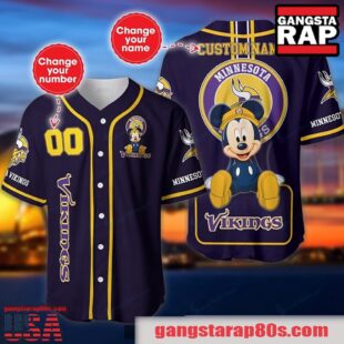 NFL Custom Name Number Disney Mickey Minnesota Vikings Baseball Jersey Shirt