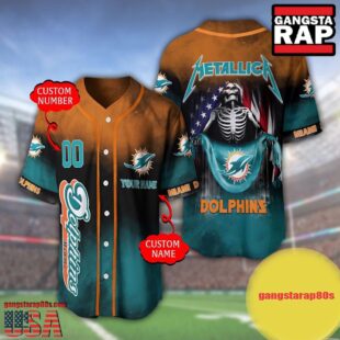 NFL Custom Name Number Metallica Band Miami Dolphins Flag America Baseball Jersey Shirt