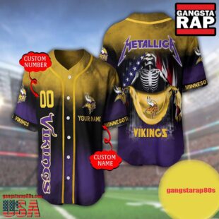 NFL Custom Name Number Metallica Band Minnesota Vikings Flag America Baseball Jersey Shirt