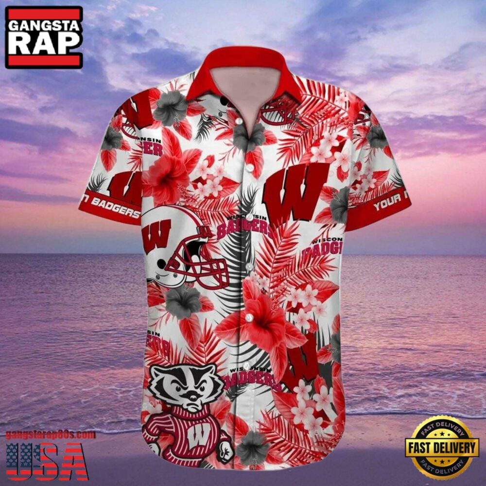 NCAA Custom Name Wisconsin Badgers Hawaiian Shirt Man NCAA Custom Name Wisconsin Badgers Hawaiian Shirt Man