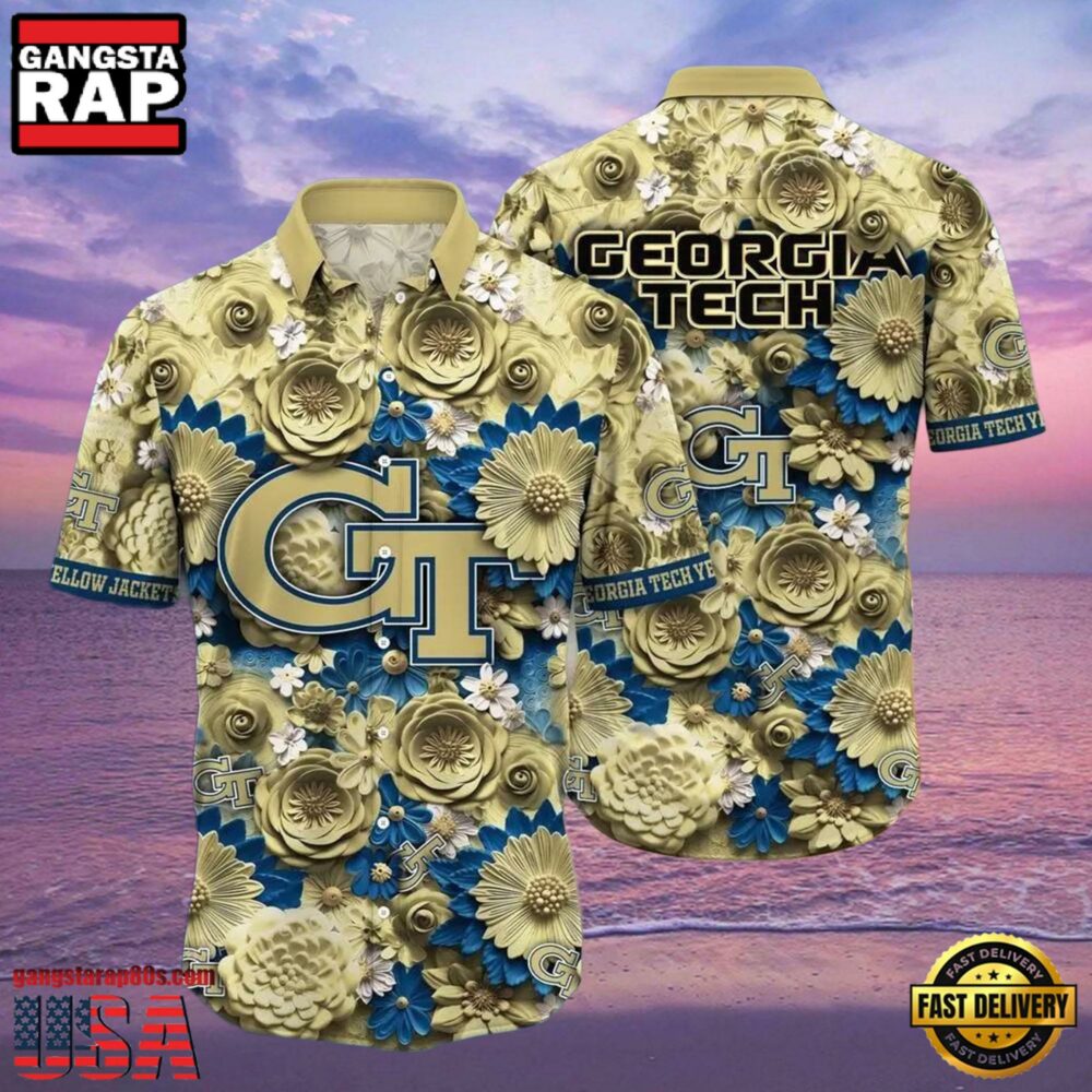 NCAA Georgia Tech Yellow Jackets Flower Button Up Hawaiian Shirt 3D Shirt, Georgia Tech Yellow Jackets Football Fathers Day Gifts NCAA Georgia Tech Yellow Jackets Flower Button Up Hawaiian Shirt 3D Shirt, Georgia Tech Yellow Jackets Football Fathers Day Gifts